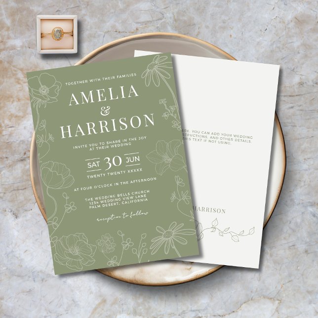 Convites Sage Green Elegant Floral Wedding (Sage Green Elegant Floral Wedding Invitation with Line Art Flowers, Optional Text on Back.)