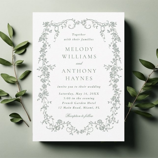 Convites Sage Green Elegant French Floral Wedding  (Criador carregado)
