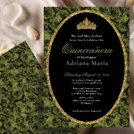 Convites Sage Green Elegant Gold Floral Quinceanera  