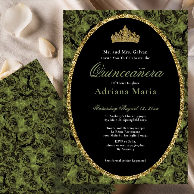 Convites Sage Green Elegant Gold Floral Quinceanera   (Criador carregado)