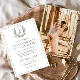 Convites Sage Green Elegant Leafy Crest Monograma Casamento