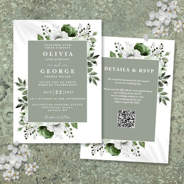 Convites Sage Green Elegant Rustic Floral Código QR Casamen (Sage Green Elegant Rustic Floral QR Code Wedding Invitation)