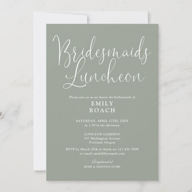 Convites Sage Green Elegant Script Bridesmaids Luncheon (Frente)