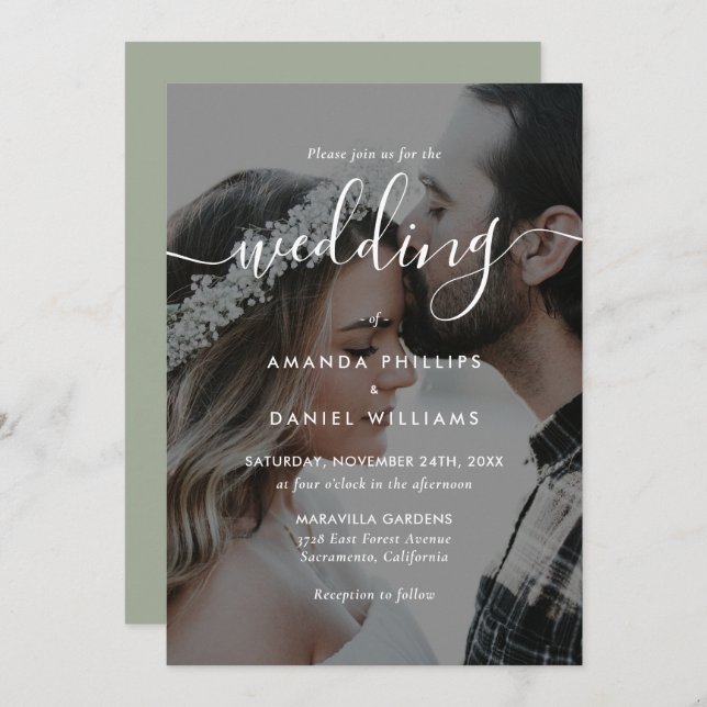 Convites Sage Green Elegant Script Photo Wedding (Frente/Verso)