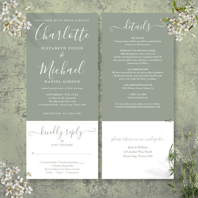 Convites Sage Green Elegant Script Tudo Em Um Casamento (Sage Green Elegant Script All In One Wedding Invitation)