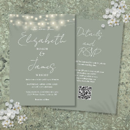 Convites Sage Green Elegant String Luzes QR Code Casamento
