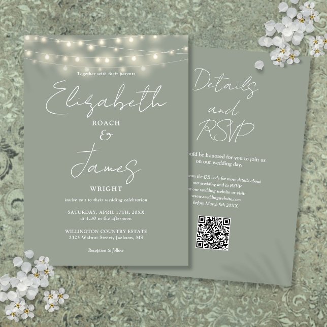 Convites Sage Green Elegant String Luzes QR Code Casamento (Sage Green Elegant String Lights QR Code Wedding Invitation)