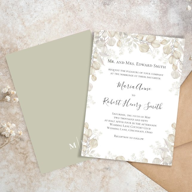 Convites Sage Green Elegant Wedding Formal (Simple and elegant sage green and cream foliage wedding invitation.)