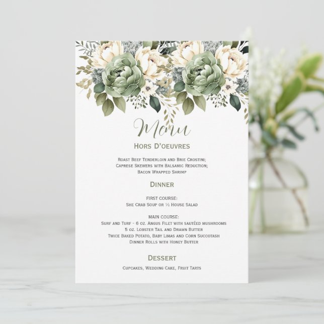 Convites Sage Green Eucalyptus Floral Wedding | Menu (Em pé/Frente)