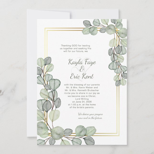 Convites Sage Green Eucalyptus Gold Frame Wedding (Frente)