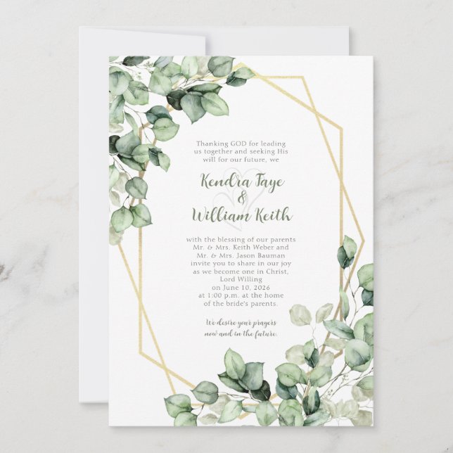 Convites Sage Green Eucalyptus Gold Geometric Wedding (Frente)