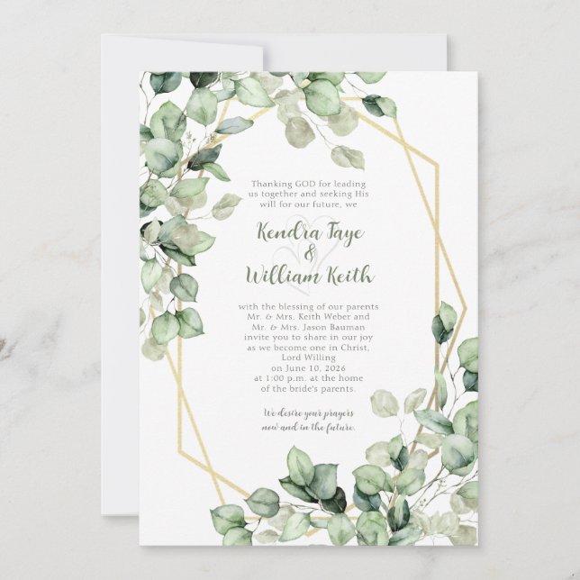Convites Sage Green Eucalyptus Gold Geometric Wedding (Frente)