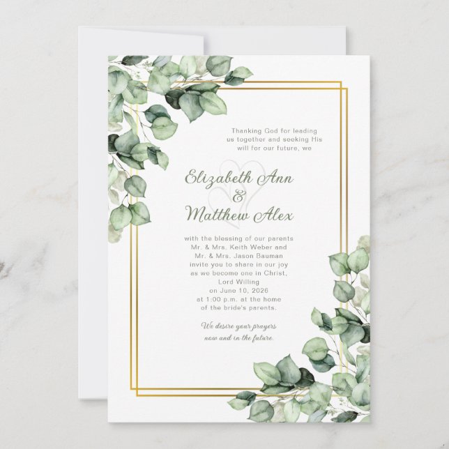 Convites Sage Green Eucalyptus Greenery Gold Frame Wedding (Frente)