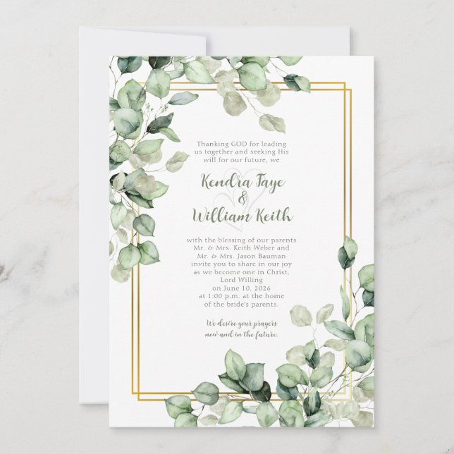 Convites Sage Green Eucalyptus Leaves Gold Frame Wedding (Frente)