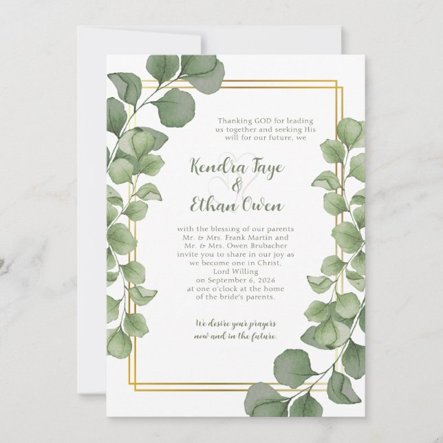 Convites Sage Green Eucalyptus Leaves Gold Frame Wedding (Frente)