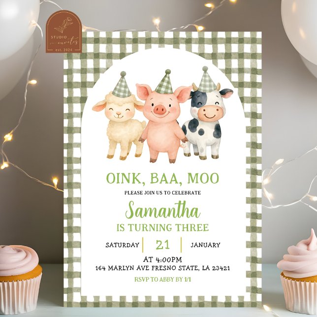 Convites Sage Green Farm Party Gingham Birthday (Criador carregado)