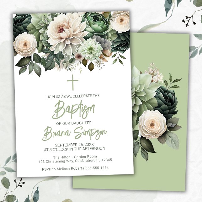 Convites Sage Green Floral Baptism (Criador carregado)
