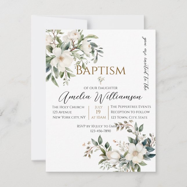 Convites Sage Green Floral Baptism (Frente)