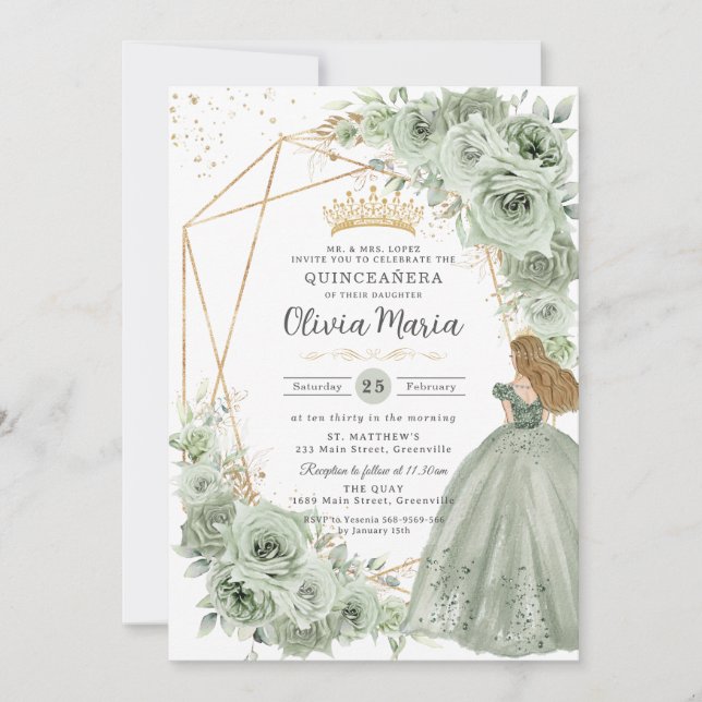 Convites Sage Green Floral Blona Princesa Quinceañera Doura (Frente)