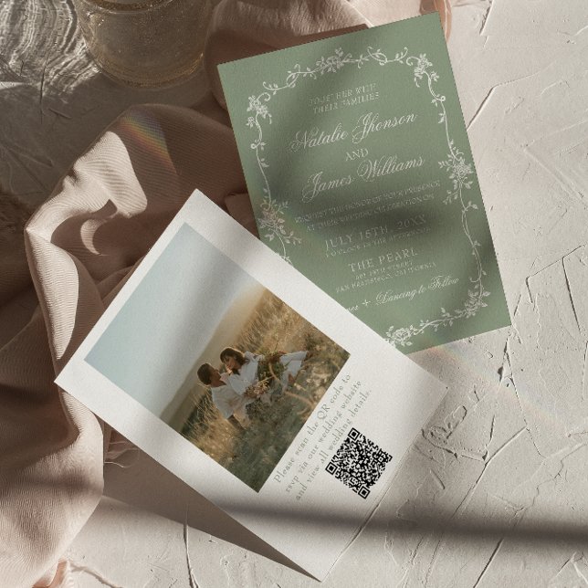 Convites Sage Green Floral Boho Chic Photo QR Code Wedding (Criador carregado)