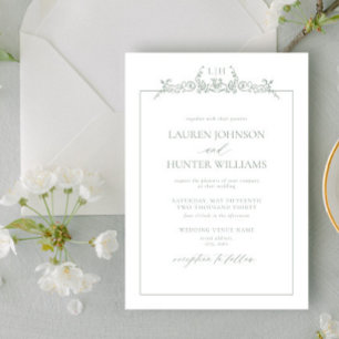Convites Sage Green Floral Border Monograma Weding