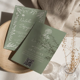 Convites Sage Green Floral Botanical Boho QR Code Wedding