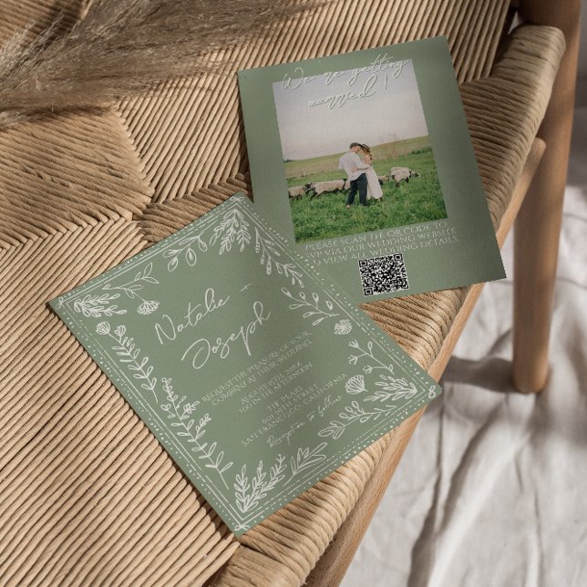 Convites Sage Green Floral Botanical QR Code Photo  Wedding (Criador carregado)