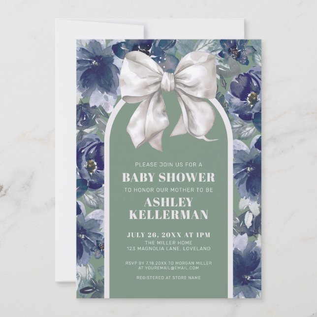 Convites Sage Green Floral Bow Baby Shower (Frente)