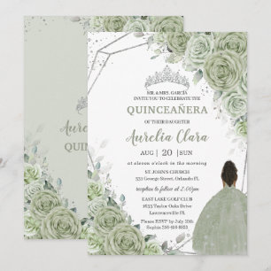 Convites Sage Green Floral Brown Girl Silver 15 Quinceañera