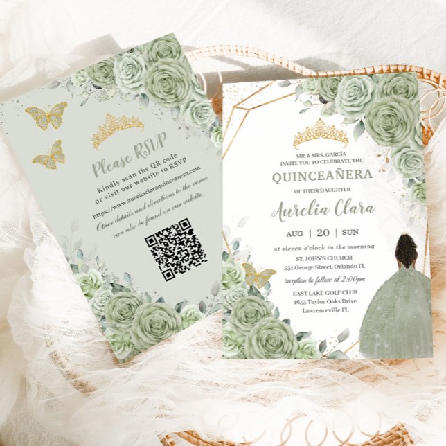 Convites Sage Green Floral Brown Princesa Quinceañera QR (Criador carregado)