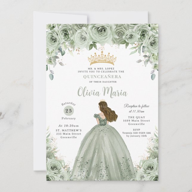 Convites Sage Green Floral Brunette Princesa Quinceañera (Frente)
