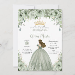 Convites Sage Green Floral Brunette Princesa Quinceañera