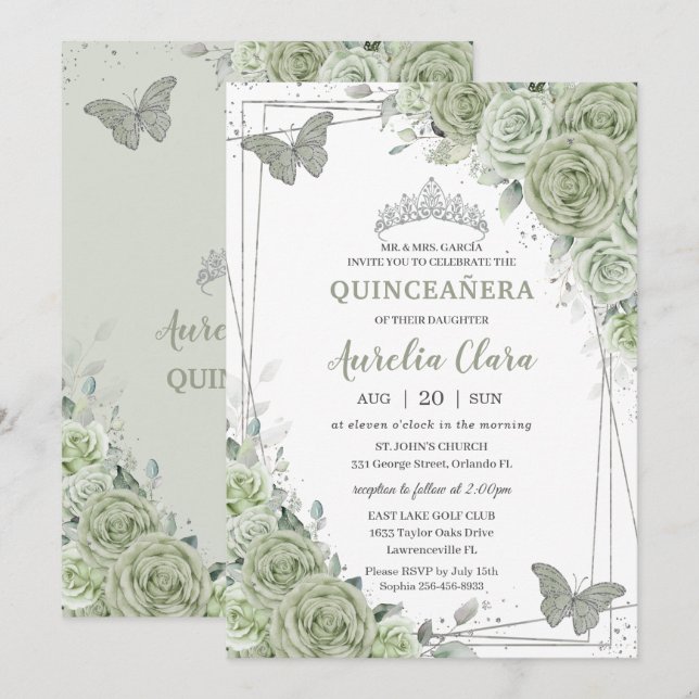 Convites Sage Green Floral Butflies Silver Quinceañera (Frente/Verso)