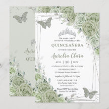 Sage Green Floral Butflies Silver Quinceañera