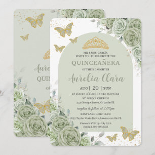 Convites Sage Green Floral Butterflies Arca Quinceanera