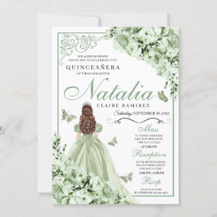 Convites Sage Green Floral Butterflies Quinceanera