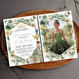 Convites Sage Green Floral Butterfly Photo Quinceañera