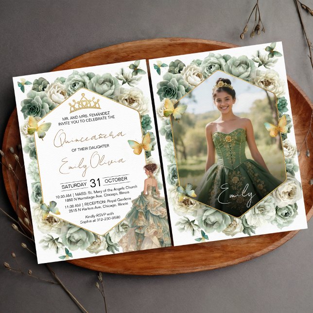 Convites Sage Green Floral Butterfly Photo Quinceañera (Criador carregado)