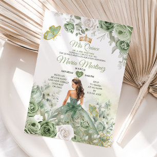 Convites Sage Green Floral Butterfly Princesa Mis Quince