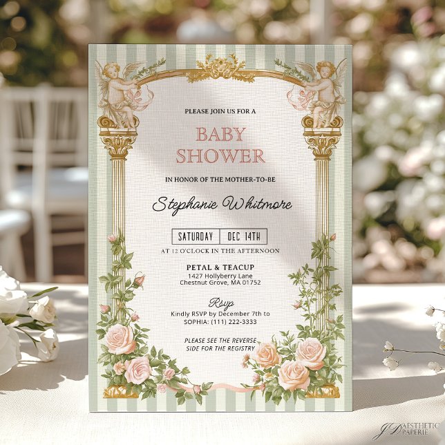 Convites Sage Green Floral Cherub Baby Shower  (Criador carregado)