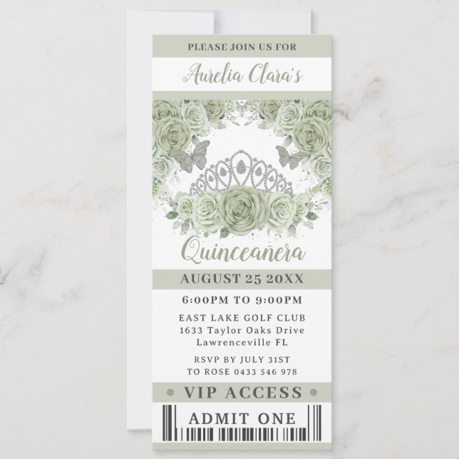 Convites Sage Green Floral Crown Quinceañera VIP Ticket (Frente)