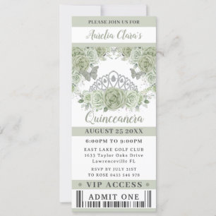 Convites Sage Green Floral Crown Quinceañera VIP Ticket