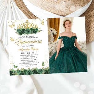 Convites Sage Green Floral Douradas Borboletas Quinceañera