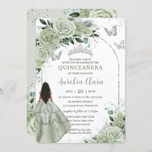 Convites Sage Green Floral Girl Silver Quinceañera