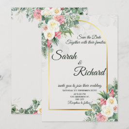 Convites Sage Green Floral Gold Arch Wedding Invitation