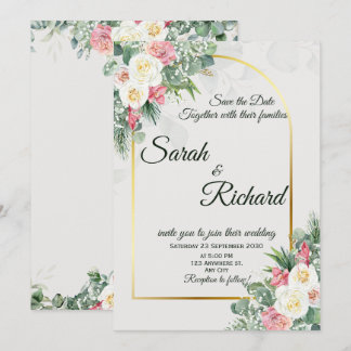 Convites Sage Green Floral Gold Arch Wedding Invitation