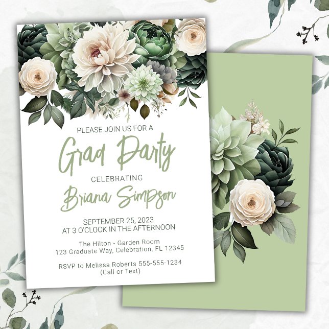 Convites Sage Green Floral Graduation Party - Formando de G (Criador carregado)