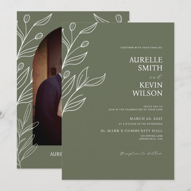 Convites Sage Green Floral Modern Minimalist Wedding (Frente/Verso)