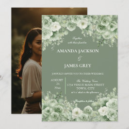Convites Sage Green Floral Photo Back Wedding 