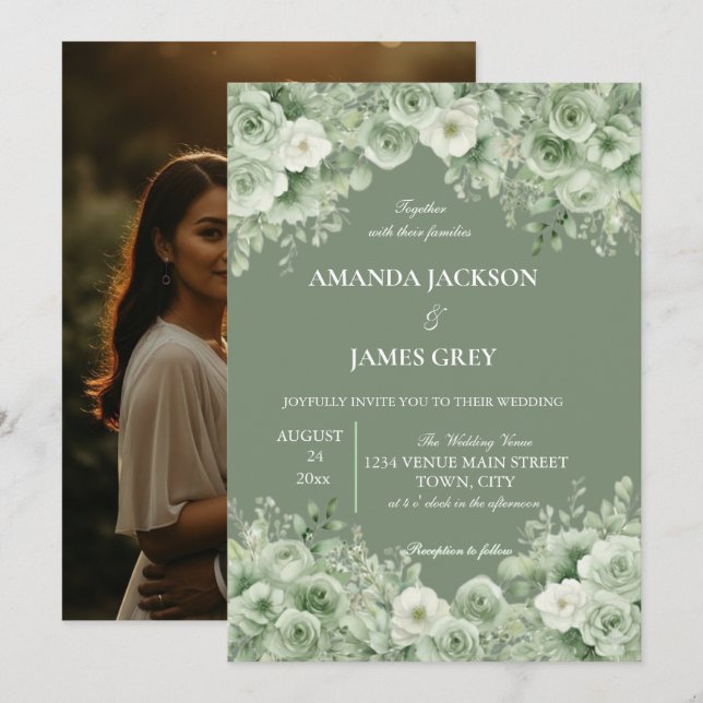 Convites Sage Green Floral Photo Back Wedding  (Frente/Verso)